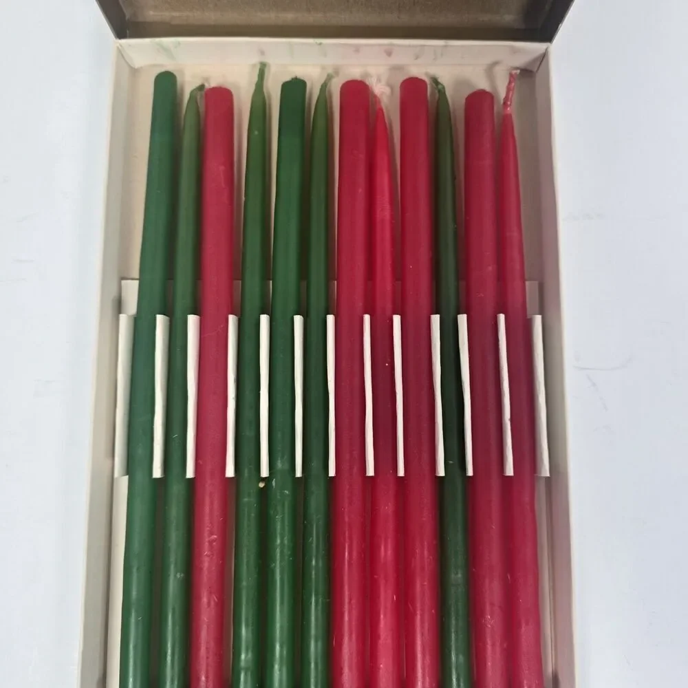 Vintage Penn Slimline Tapers Candles Red Green Set Of 12 MCM 15